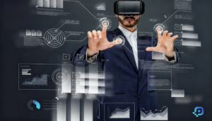 A man in a suit wearing a virtual reality headset interacts with floating digital dashboards, bar graphs, and line charts labeled with corporate terms like human resources, income, and salary, showcasing data tracking for an MVP. In the bottom right corner, a blue pixelated 'P' logo represents Prox Digital Agency.