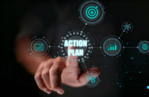 A hand pointing at a central glowing graphic that reads "ACTION PLAN," surrounded by a connected network of digital icons for goals, scheduling, growth, and web presence to map out a strategy for an MVP launch. In the bottom right corner, a blue pixelated 'P' logo represents Prox Digital Agency.