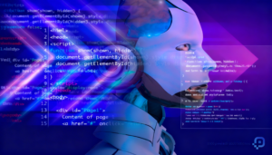 A profile view of a white robotic humanoid with a visible glowing human brain, positioned next to layers of glowing code and scripts on a vibrant purple and blue background to represent AI-driven GEO. In the bottom right corner, a blue pixelated 'P' logo represents Prox Digital Agency.