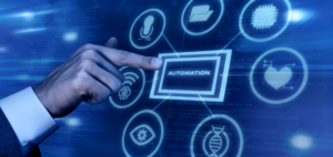 A hand pointing at a central glowing screen displaying the word "AUTOMATION," connected to floating nodes featuring tech icons on a blue, data-filled background, illustrating systems optimized for GEO. In the bottom right corner, a blue pixelated 'P' logo represents Prox Digital Agency.