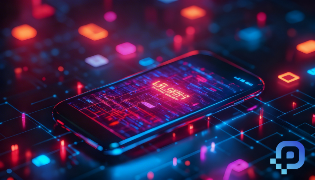A glowing smartphone rests on a dark, futuristic circuit board filled with illuminated red, blue, and orange digital blocks, representing modern mobile app development. In the bottom right corner, a blue pixelated 'P' logo represents Prox Digital Agency.