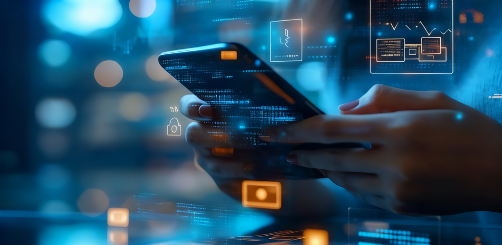 A close-up of a person's hands holding a smartphone while digital data streams, charts, and glowing floating icons project from the screen to show a mobile app development interface. In the bottom right corner, a blue pixelated 'P' logo represents Prox Digital Agency. 