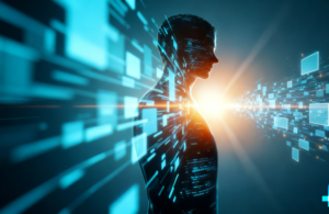 Digital transformation concept showing a futuristic human silhouette made of glowing data and code, facing a stream of digital panels and information flowing toward a bright light. The scene represents technology integration, AI, and data-driven evolution from Prox Digital Agency