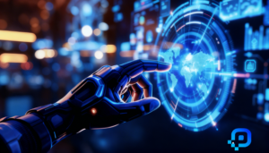 A futuristic, glowing blue digital interface displaying a holographic world map and concentric data rings for digital transformation. A mechanical robotic hand points toward the center of the display represents Prox Digital Agency.