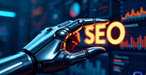 A metallic robotic hand reaches toward a glowing orange "SEO" graphic displayed on a dark blue digital screen filled with analytical charts and graphs represents Prox Digital Agency.