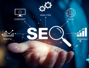 A person's open hand holds a glowing light that projects a central white "SEO" graphic with a magnifying glass. Surrounding icons include content, analysis, web, traffic, and ranking represents Prox Digital Agency.