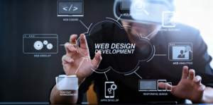 A person wearing a virtual reality headset interacts with a floating digital infographic focused on "Web Design Development." Surrounding icons represent web coding, analytics, and content management. Represents Prox Digital Agency.