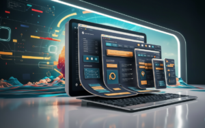 A futuristic laptop display showing multiple overlapping, curved user interface windows in varying sizes, illustrating responsive web design. The background features glowing neon lights and abstract digital art represents Prox Digital Agency. 