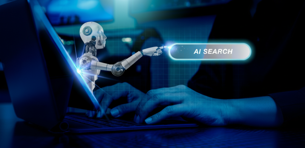 A small white robot points directly at a glowing digital screen displaying the text "AI SEARCH" while a person types on a laptop keyboard in a darkened room, demonstrating AI search rank tracking and visibility tools. In the bottom right corner, a blue pixelated 'P' logo represents Prox Digital Agency.