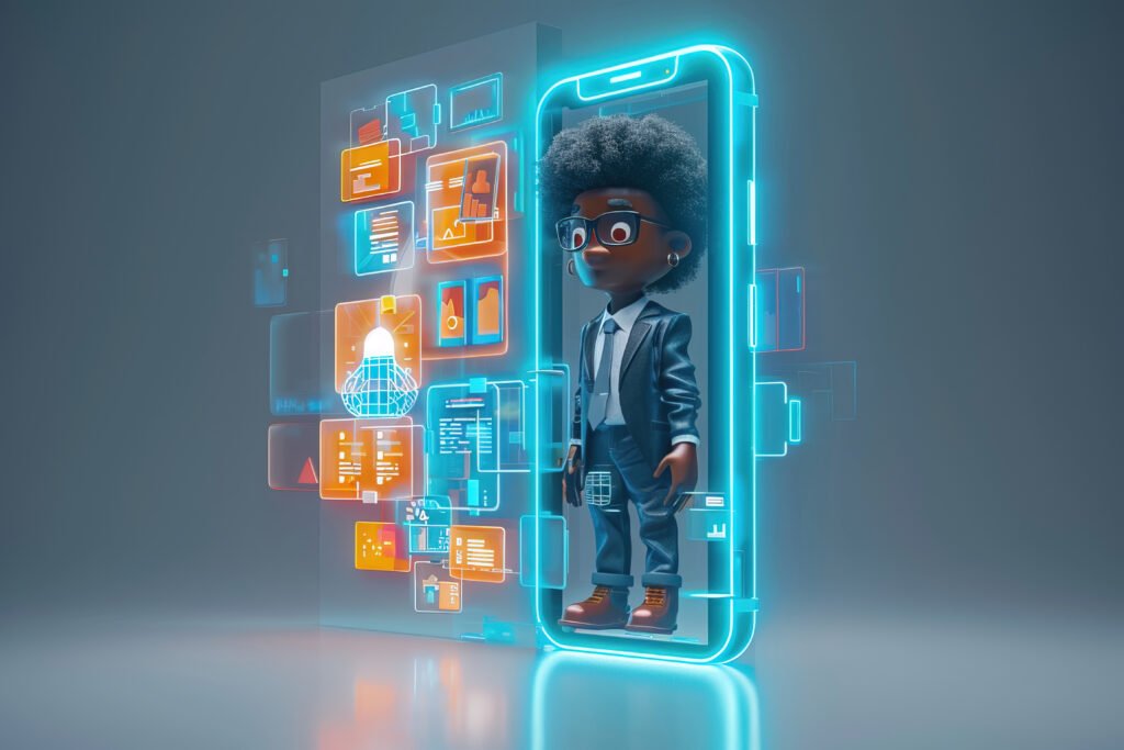 A playful 3D cartoon character in orange overalls and a cap steps right out of a large floating smartphone screen while holding a wrench to represent How to Create an App for Small Business in 2026 in 7 Simple Steps by Prox Digital Agency.