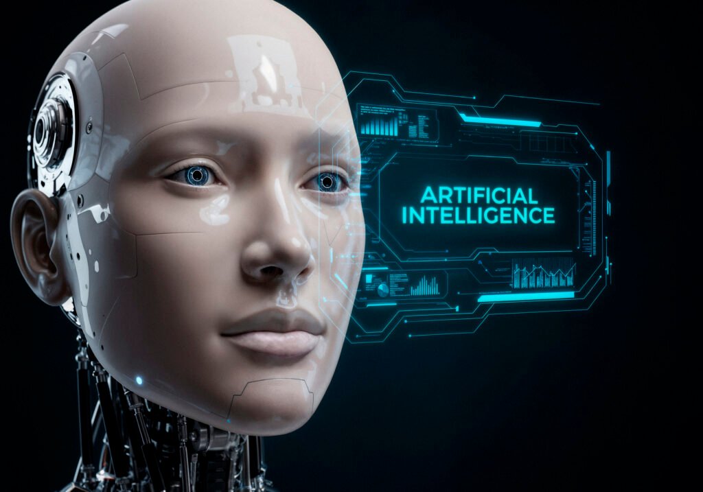 A close up profile of a white robotic humanoid with visible internal mechanical parts on its neck and a glowing blue visual interface in the background, illustrating 150+ Top Artificial Intelligence Statistics For 2026 by Prox Digital Agency.