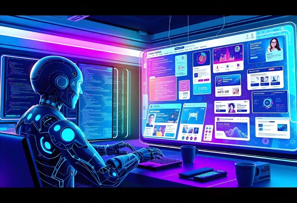 A side profile of a white robotic humanoid face illuminated by soft blue and red ambient lighting on a dark background to showcase The 10 Best AI Website Builders in 2026 That Build Your Entire Site Without a Single Line of Code by Prox Digital Agency.