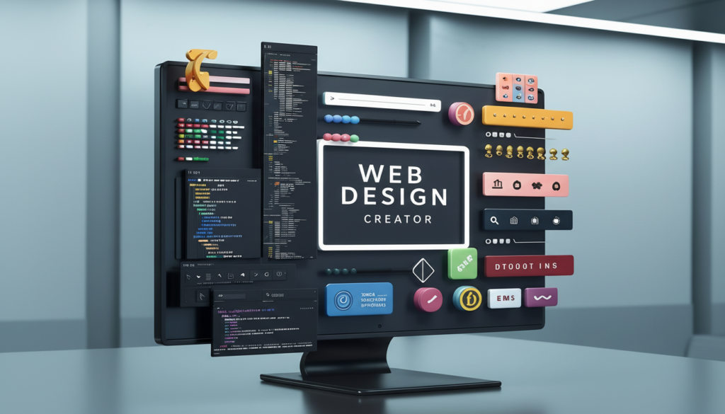 A digital display screen sitting on a desk that features the words Web Design Creator surrounded by colorful UI elements and columns of coding text to represent calculating Website Cost in the UK by Prox Digital Agency.
