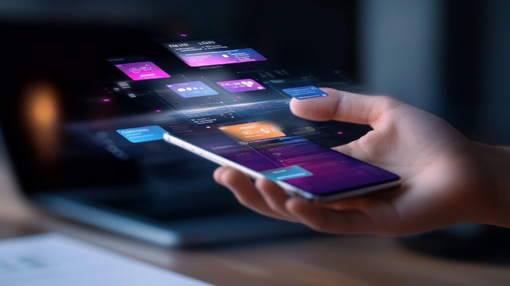 A person holds a smartphone in their hand while a glowing complex blue user interface with graphs and connection nodes hovers directly above the screen to illustrate How to Create an App for Small Business in 2026 in 7 Simple Steps by Prox Digital Agency.