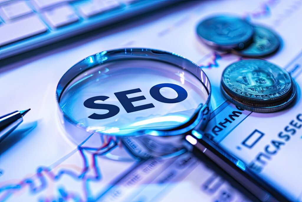 A large magnifying glass focuses on bold wooden blocks that spell out SEO, surrounded by a scattering of golden cryptocurrency coins, a smartphone, and a tablet to visually represent calculating SEO Cost in the UK by Prox Digital Agency.