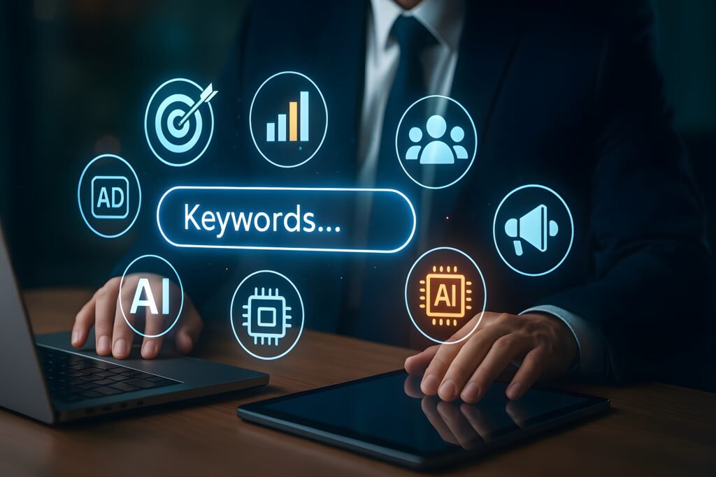 A professional looks directly at an interactive glowing screen that shows high intent keyword data, visual search metrics, and digital marketing trends to demonstrate The 20 Best AI Marketing Tools We Are Using at Prox Digital to Win in 2026.