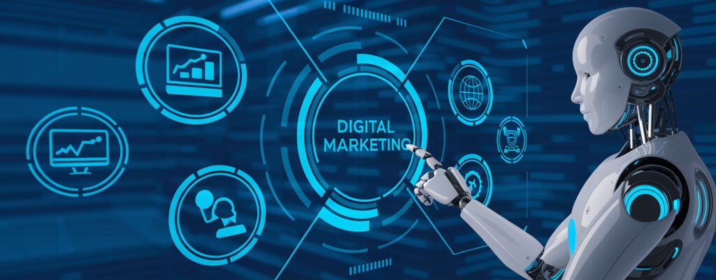A person operates a digital tablet while a large complex blue and white virtual reality SEO graphic projects into the air above it to illustrate The 20 Best AI Marketing Tools We Are Using at Prox Digital to Win in 2026.