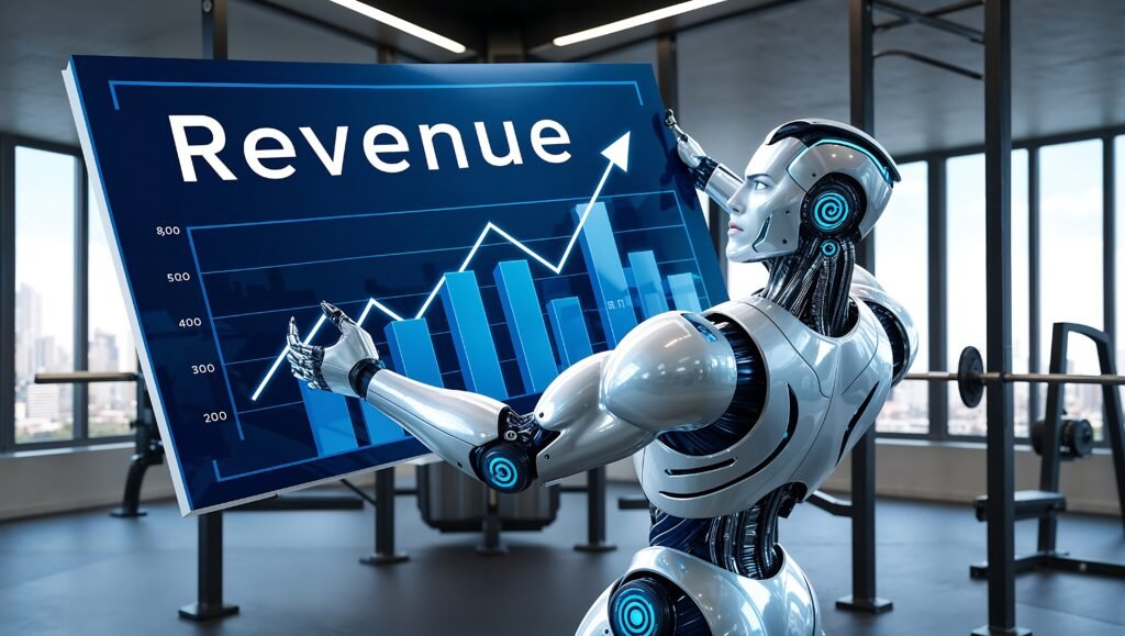 A sleek white humanoid robot pointing its finger toward a large floating digital screen that displays a financial bar chart with rising green and white revenue bars to represent 150+ Top Artificial Intelligence Statistics For 2026 by Prox Digital Agency.