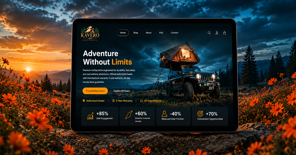 KAVERO Camps homepage redesign shown on a tablet, displaying a +85% increase in user engagement, +60% smoother customer journey, -40% reduction in friction and +70% increase in conversion opportunities