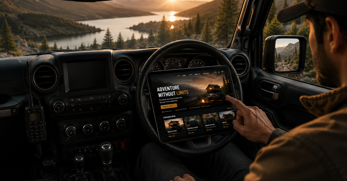 KAVERO Camps website shown on a tablet mounted in a vehicle dashboard, with a hand tapping the featured gear section