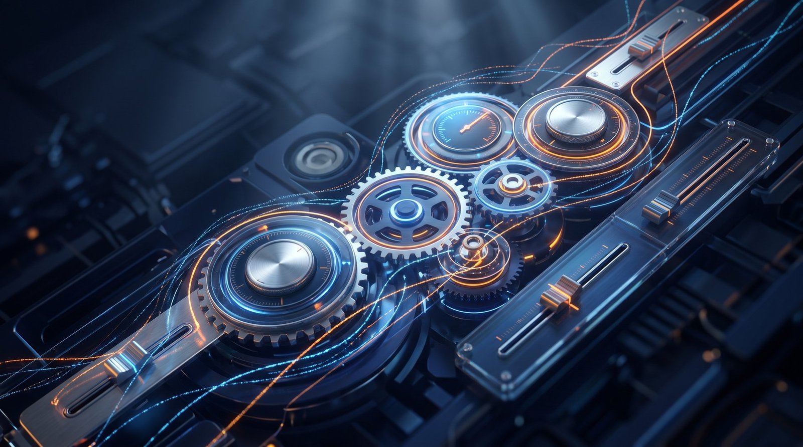 Illustration of glowing interconnected gears and dials representing Core Web Vitals optimization techniques