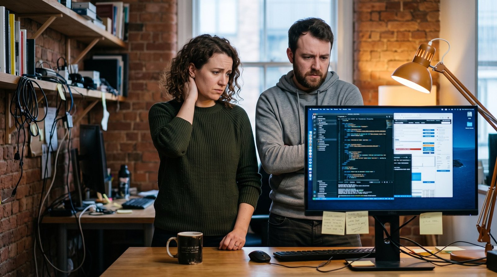 UK developers looking apprehensive at a legacy website codebase, a common sign a business needs to rebuild its website