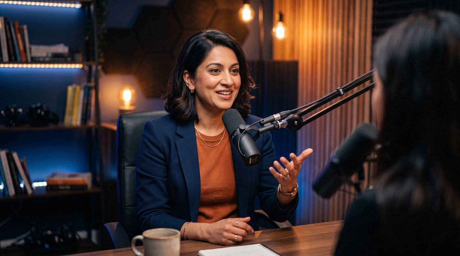UK founder being interviewed in a podcast studio as part of an AI search optimisation brand visibility strategy