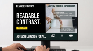 Accessible website interface showing keyboard focus, readable contrast and assistive technology features