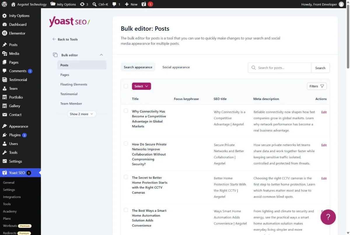 Yoast SEO bulk editor showing new SEO titles and meta descriptions written for Aegotel blog posts