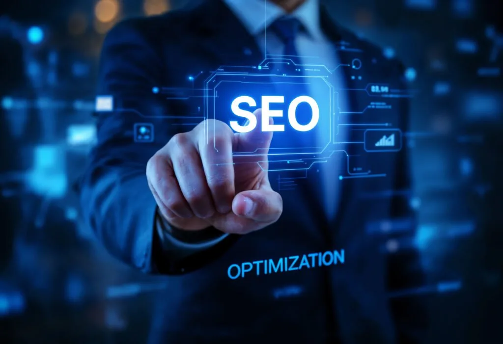 A professional sitting at a desk with dual monitors displaying website analytics, digital marketing charts, and social media interfaces, illustrating a team evaluating SEO Cost in the UK by Prox Digital Agency.