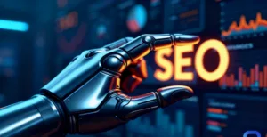 A metallic robotic hand reaches toward a glowing orange "SEO" graphic displayed on a dark blue digital screen filled with analytical charts and graphs represents Prox Digital Agency.