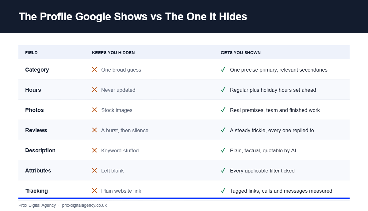 Comparison of Google Business Profile fields that keep a listing hidden versus the settings that get it shown