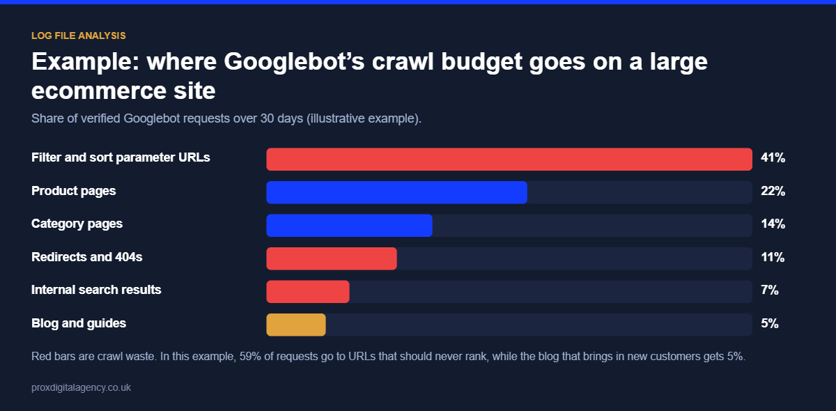 Example bar chart of Googlebot crawl distribution on an ecommerce site, with 59 percent spent on filter URLs, redirects and internal search