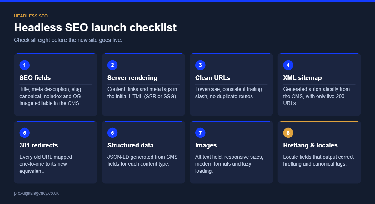 Headless SEO launch checklist: SEO fields, server rendering, clean URLs, sitemap, redirects, structured data, images and hreflang