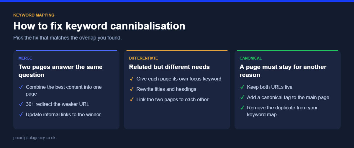 Keyword mapping fixes for keyword cannibalisation: merge and redirect, differentiate, or add a canonical tag