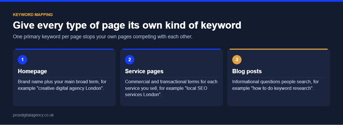 Keyword research mapping: which keywords belong on the homepage, service pages and blog posts