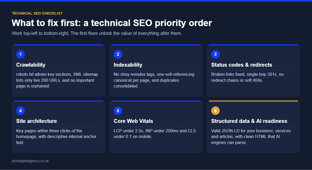 Technical SEO priority checklist: crawlability, indexability, status codes, site architecture, Core Web Vitals and structured data