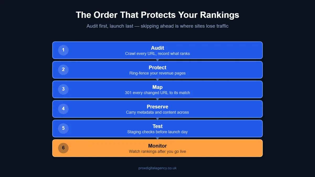 Six step sequence for a website redesign that protects SEO: audit, protect, map, preserve, test and monitor